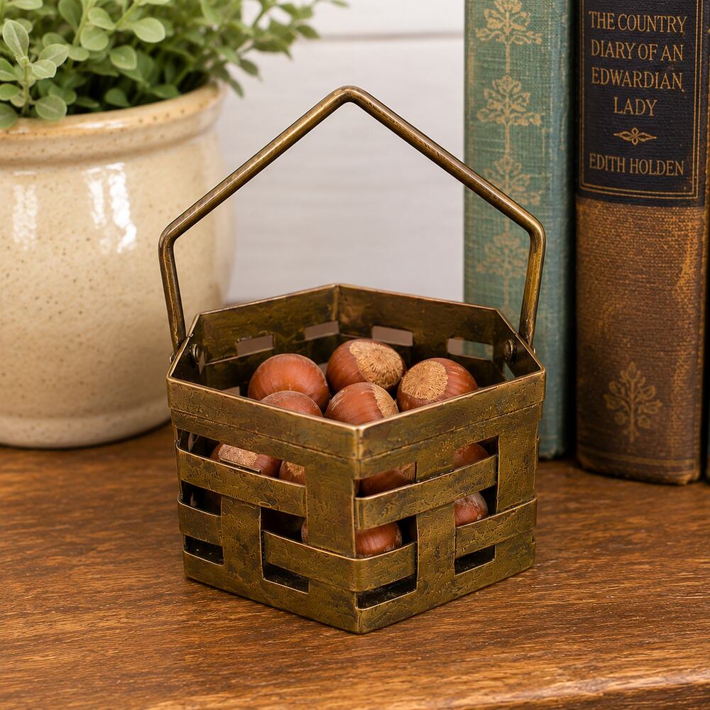 Vintage Brass Woven Basket Made in India Trinket Basket